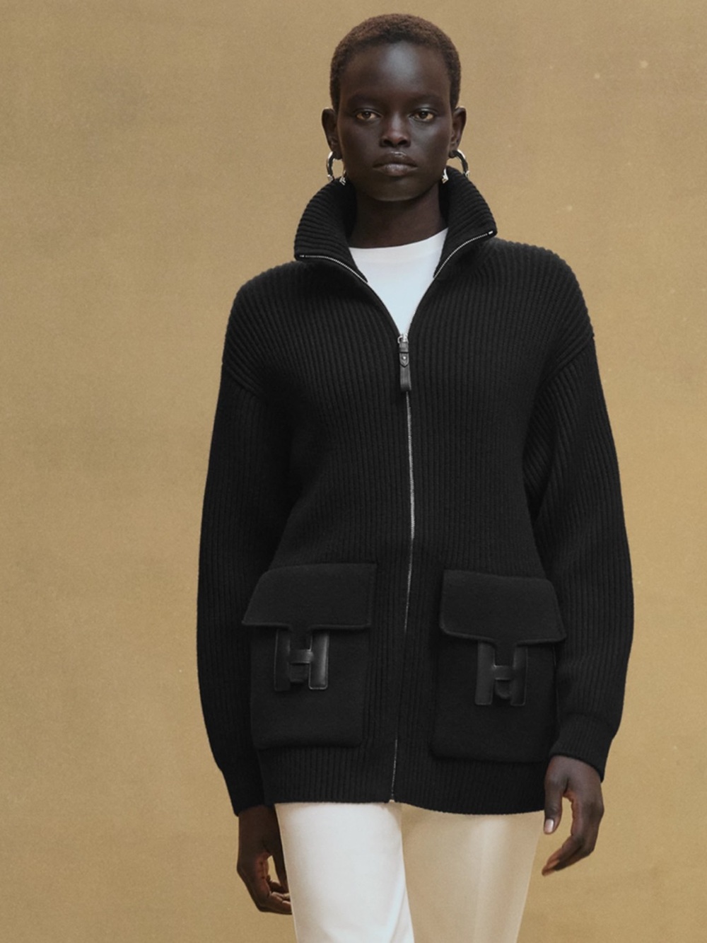 Hermes Black Ribbed Zip Utility Jacket with Flap Pockets - Women